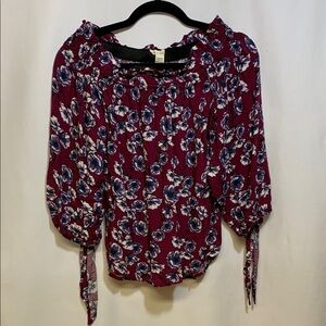Burgundy and Purple Floral Blouse with 3/4 Sleeves